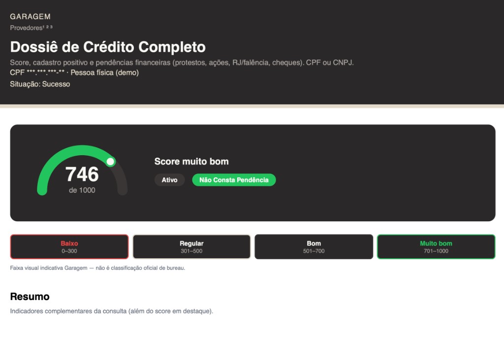 Exemplo de resultado do Dossiê de Crédito Completo: score 746 de 1000, cadastro positivo ativo e sem pendências
