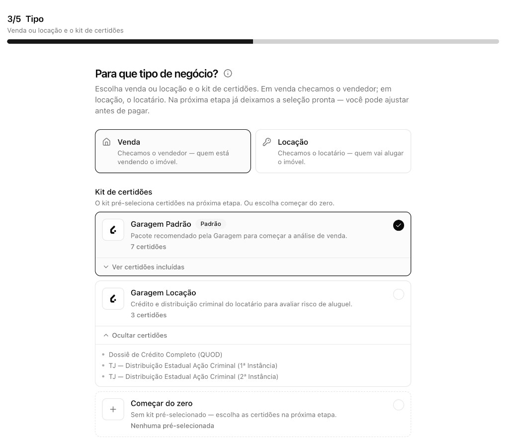 Seleção de kit de certidões no wizard: Venda ou Locação, Garagem Padrão, Garagem Locação ou começar do zero