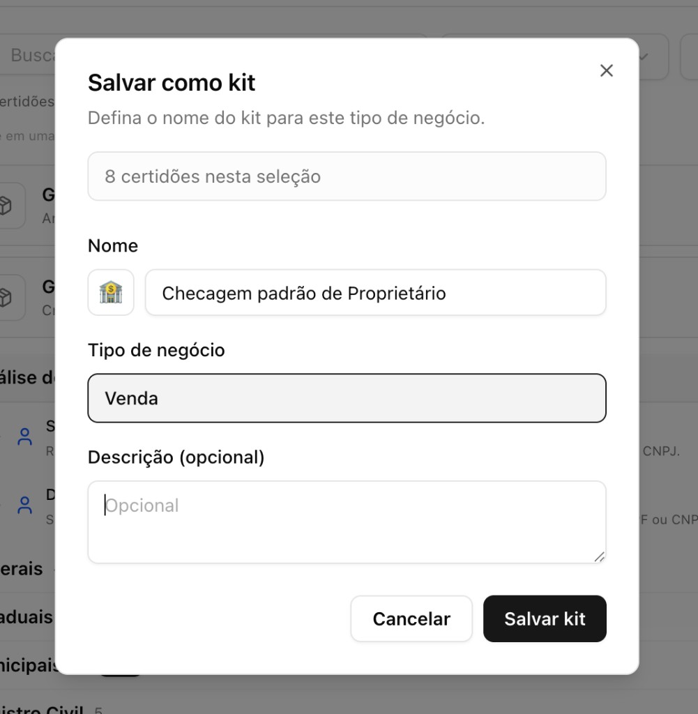 Modal Salvar como kit com nome, tipo de negócio e quantidade de certidões na seleção