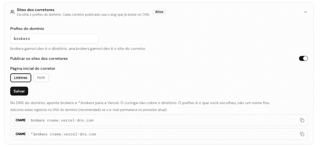 Prefixo do domínio e página inicial do site do corretor