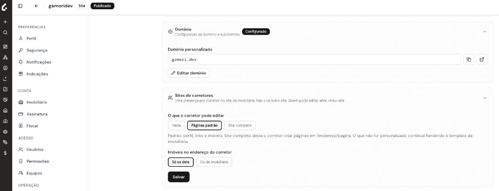 Domínio personalizado e Sites de corretores: o que o corretor edita e quais imóveis aparecem