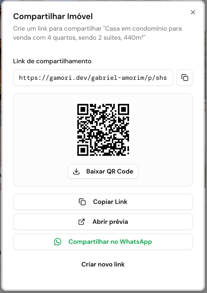 Copiar link no host da imobiliária: o endereço sai com /endereco/p/token e QR