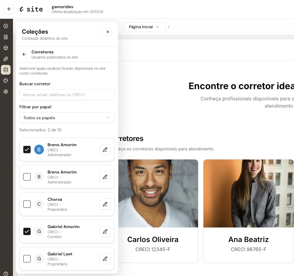 Coleção Corretores: quais usuários ficam publicados no site