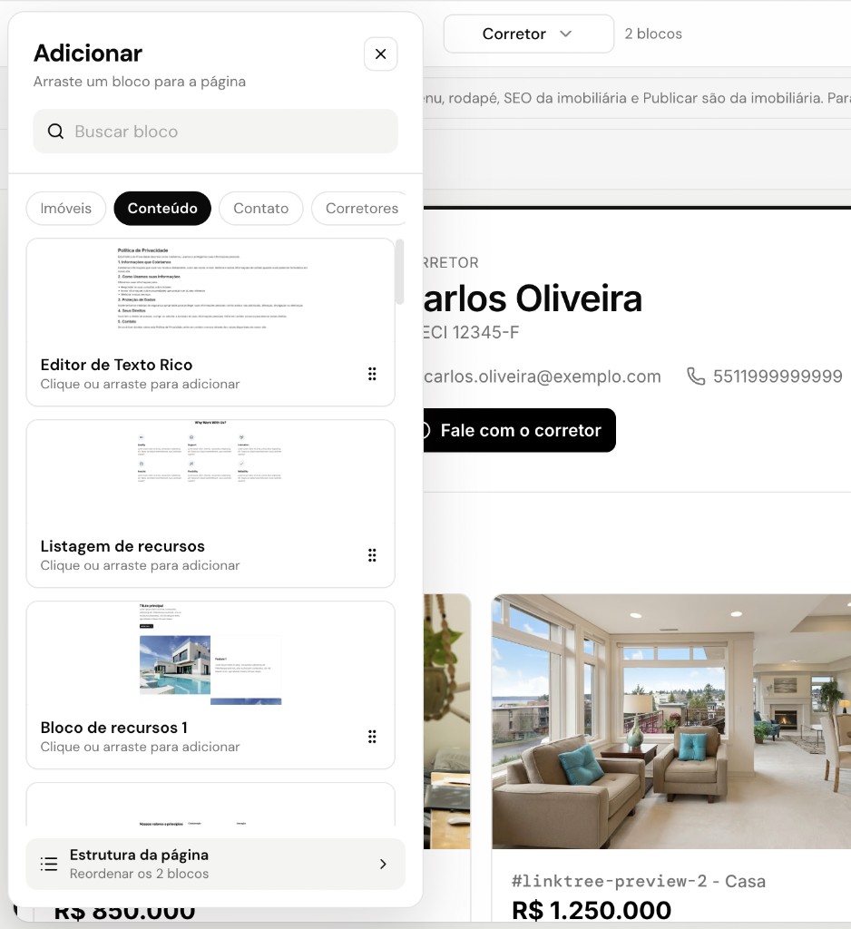 Adicionar bloco no editor do perfil, aba Conteúdo