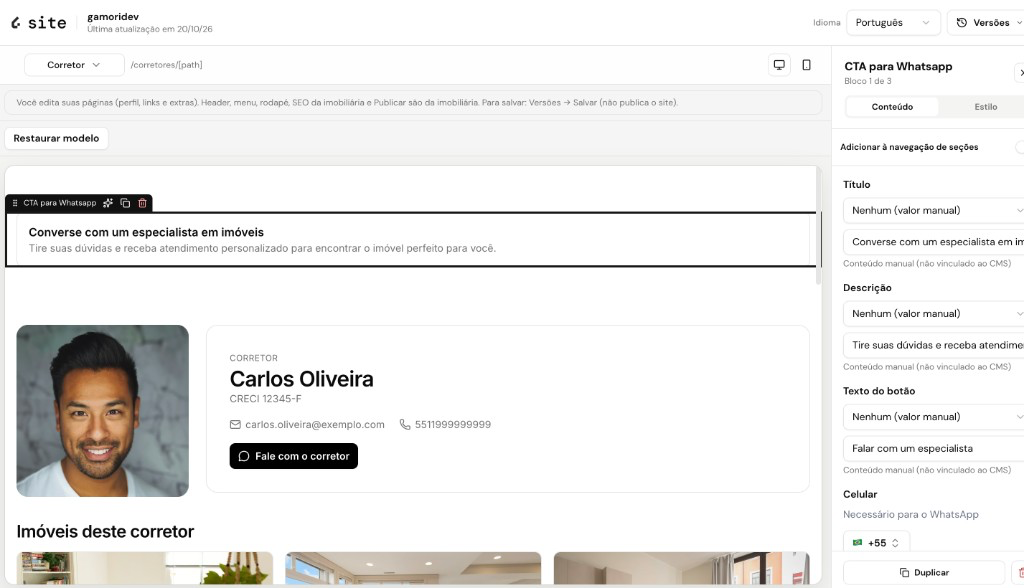 Editor do perfil: CTA extra no canvas; o hero ainda mostra o corretor de exemplo