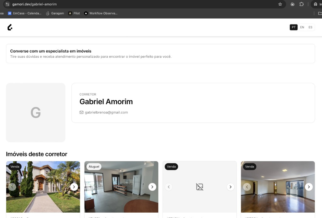 Perfil publicado em /endereco: CTA no topo, hero com o corretor real, imóveis dele
