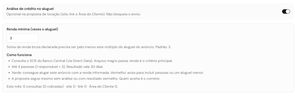 Configuração da análise de crédito no aluguel