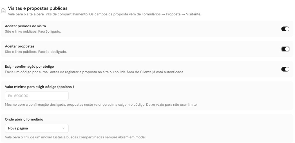 Configurações de visitas e propostas públicas no site e nos links