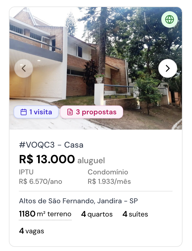 Imóvel na lista com o número de visitas e de propostas sobre a foto