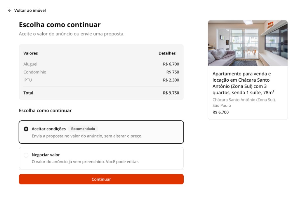 Tela em que o cliente escolhe aceitar o valor do anúncio ou negociar