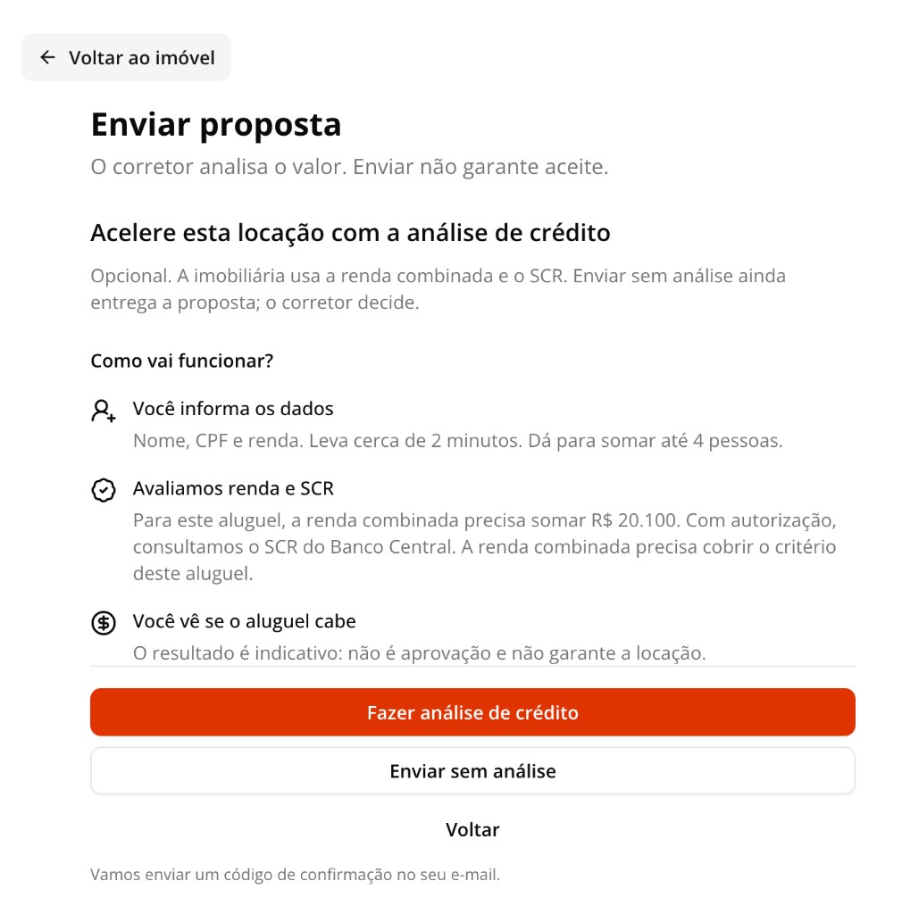 Tela de envio da proposta com a análise de crédito opcional